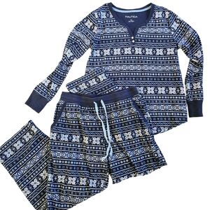 Nautica Women's Fleece Christmas Snowflake Pajamas Blue Fair Isle Size Large